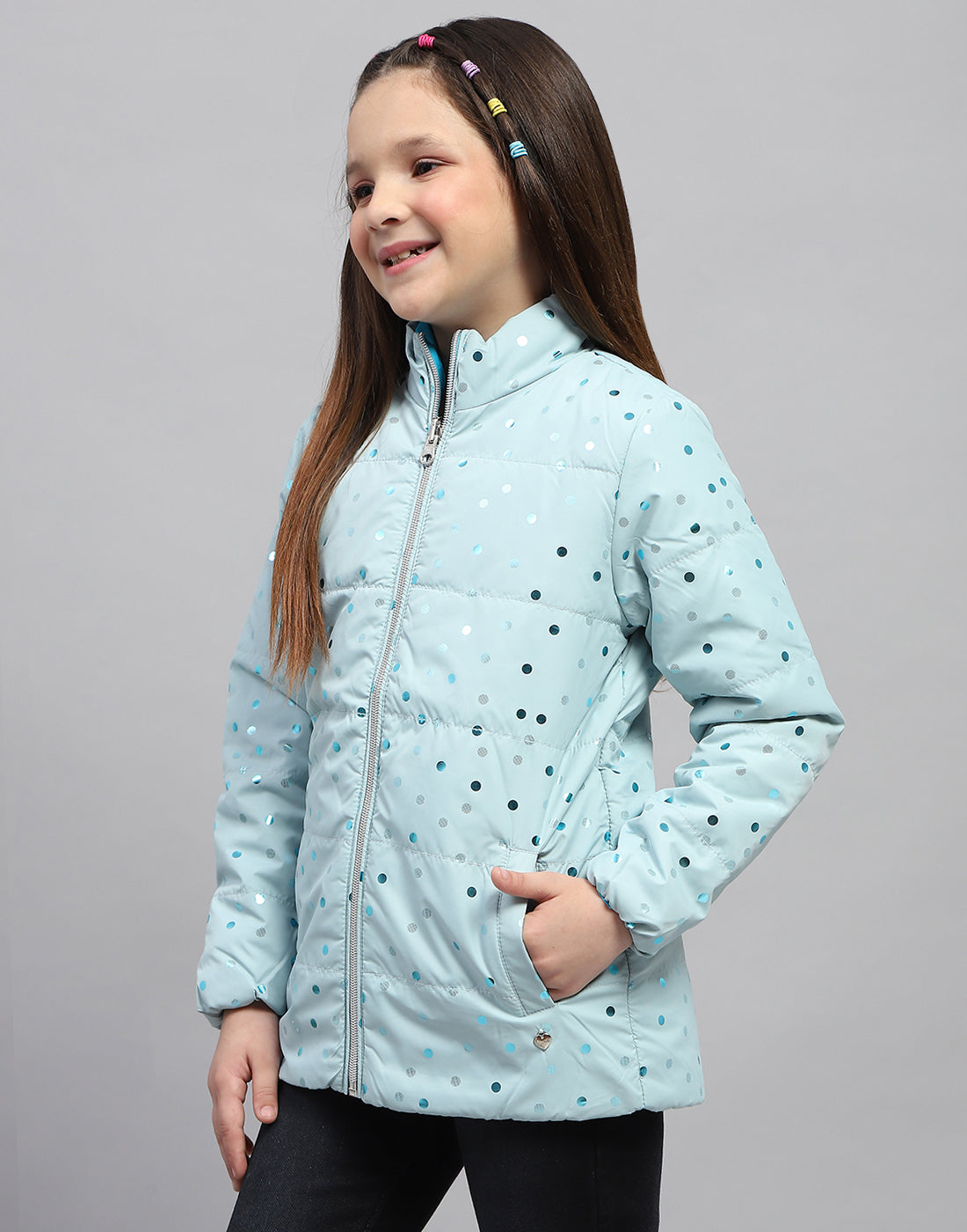 Girls Blue Solid Mock Neck Full Sleeve Jacket