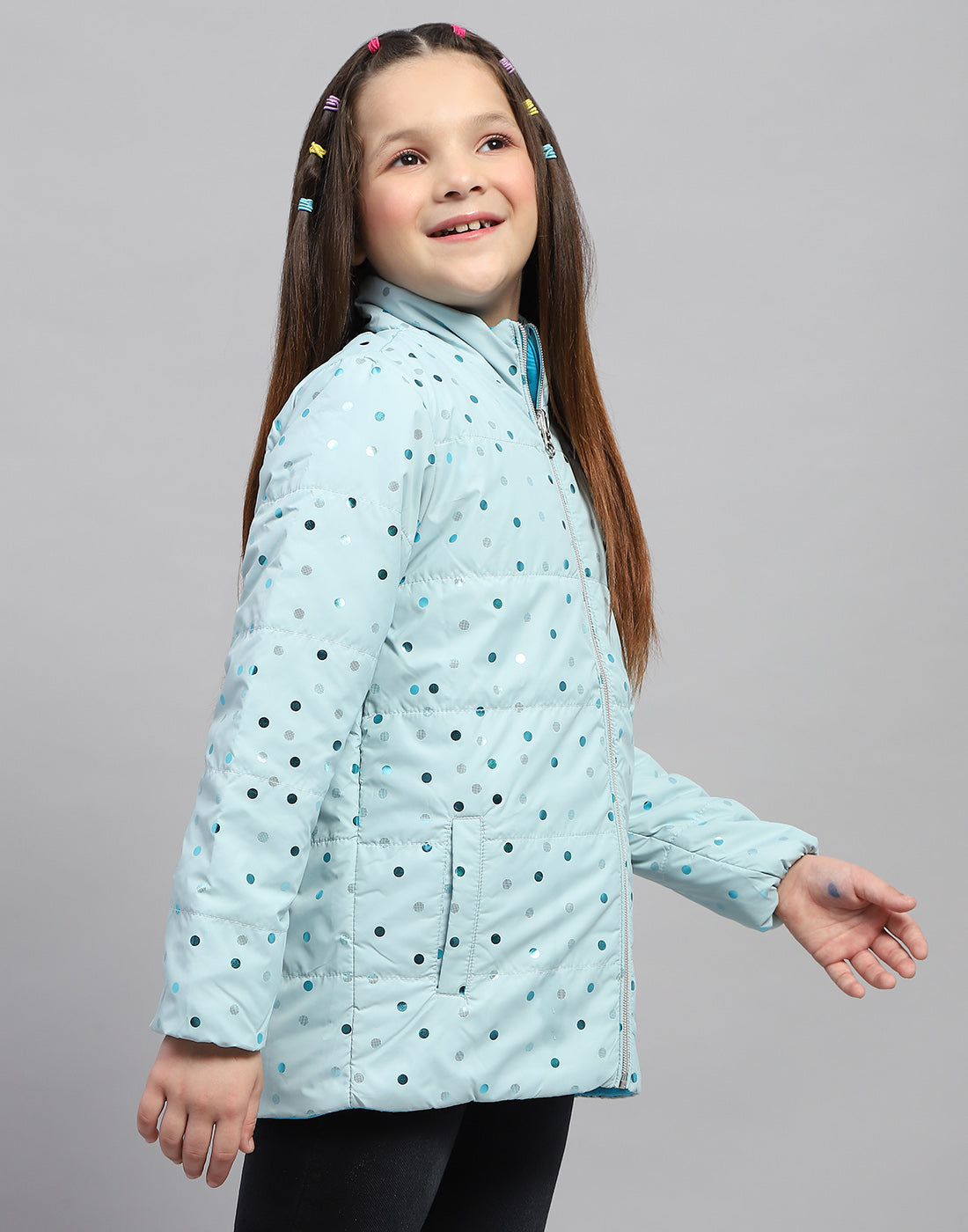 Girls Blue Solid Mock Neck Full Sleeve Jacket