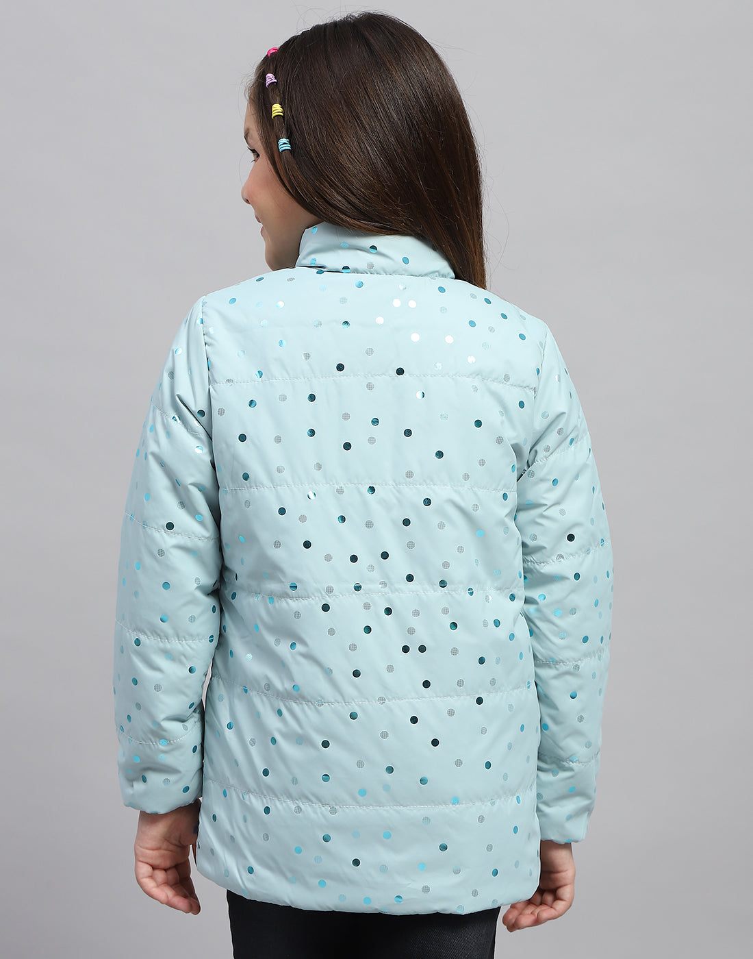 Girls Blue Solid Mock Neck Full Sleeve Jacket