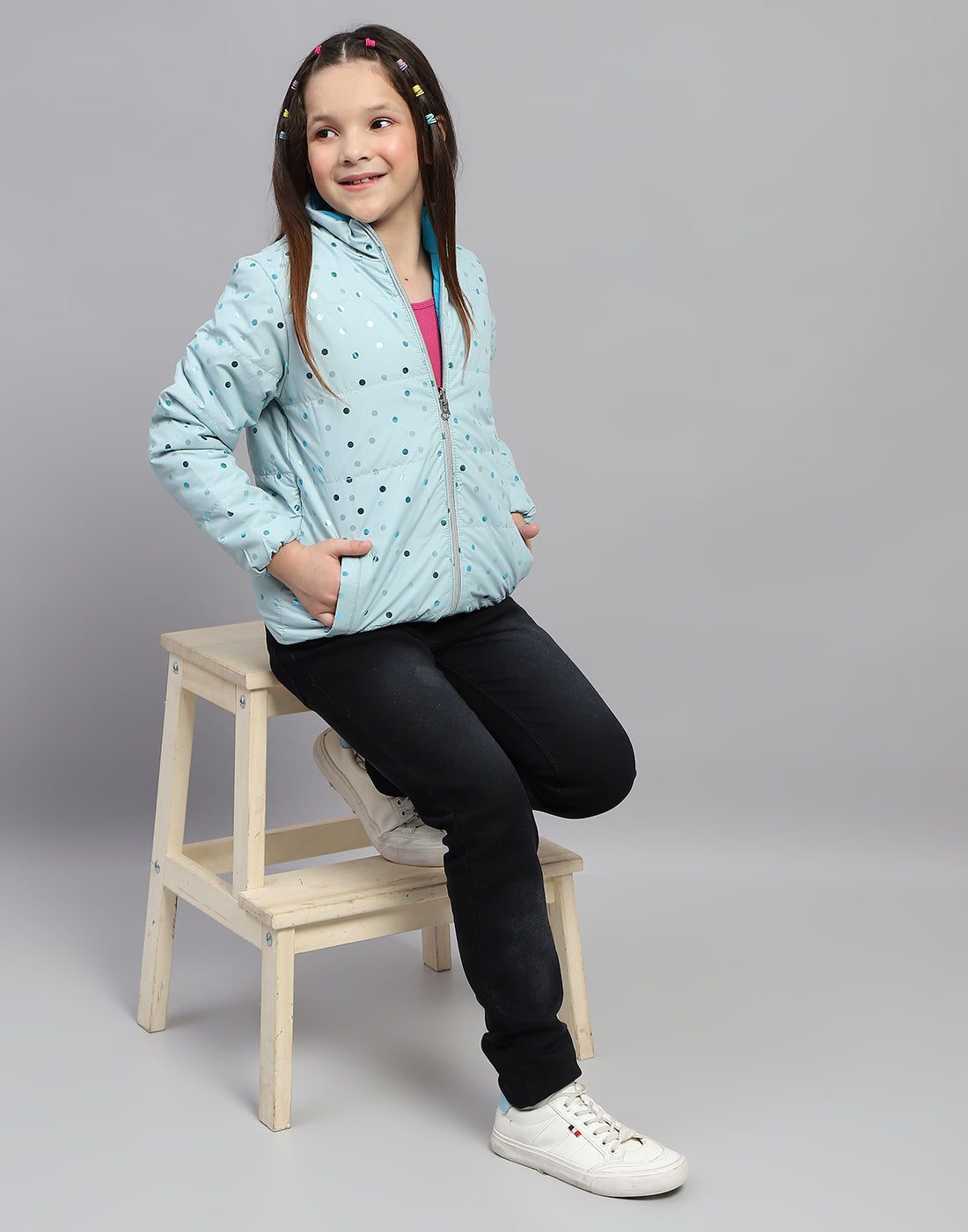 Girls Blue Solid Mock Neck Full Sleeve Jacket