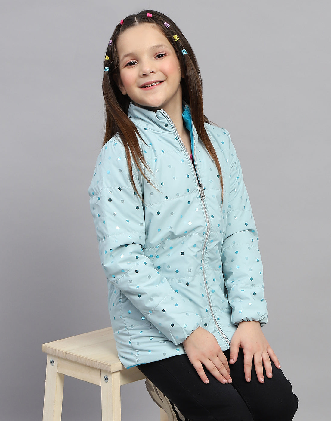 Girls Blue Solid Mock Neck Full Sleeve Jacket