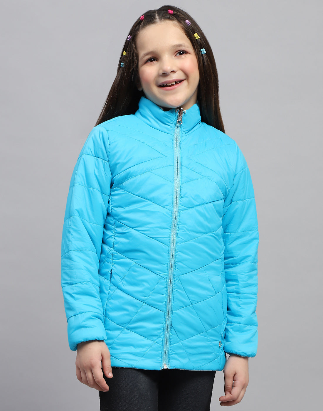 Girls Blue Solid Mock Neck Full Sleeve Jacket