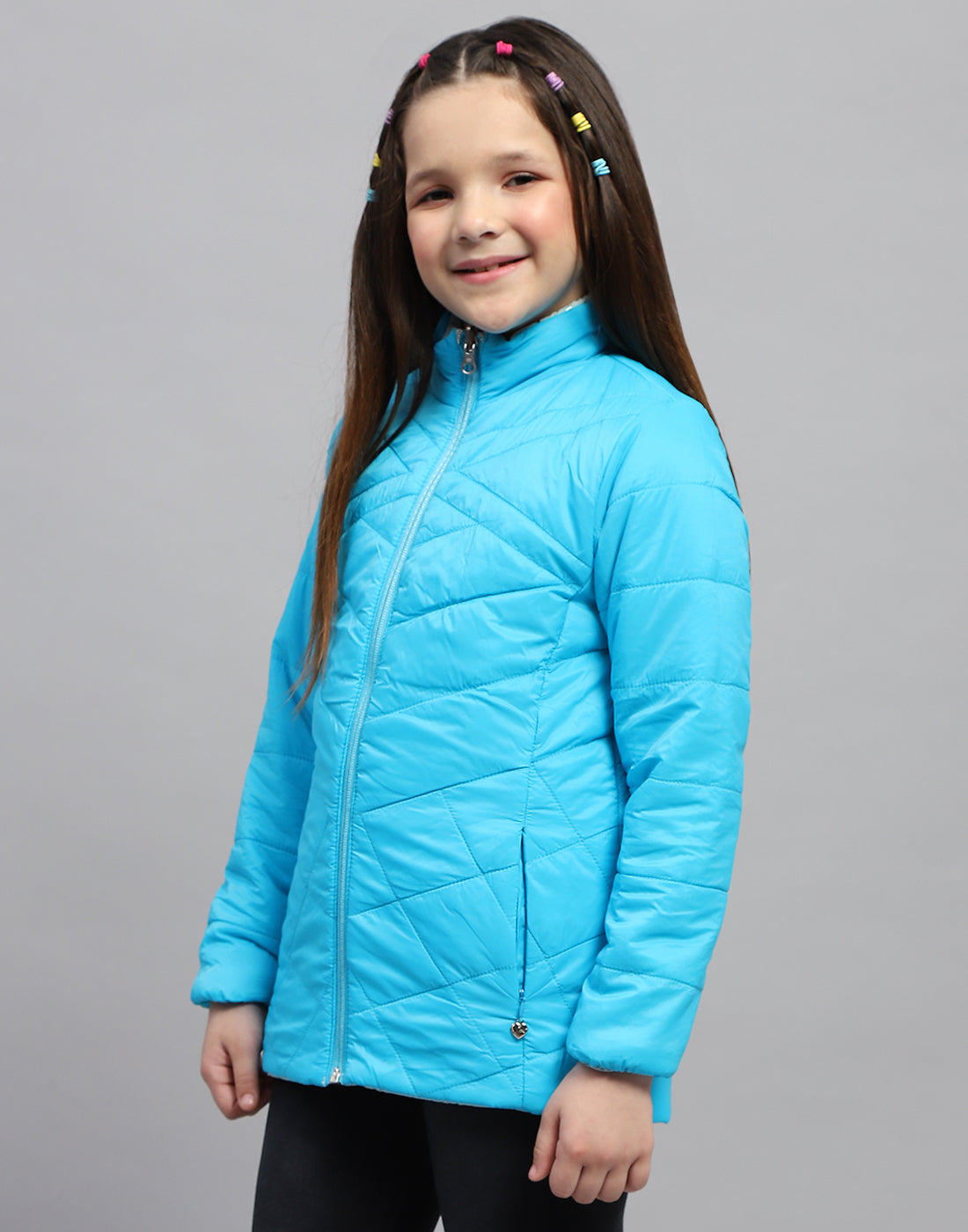 Girls Blue Solid Mock Neck Full Sleeve Jacket