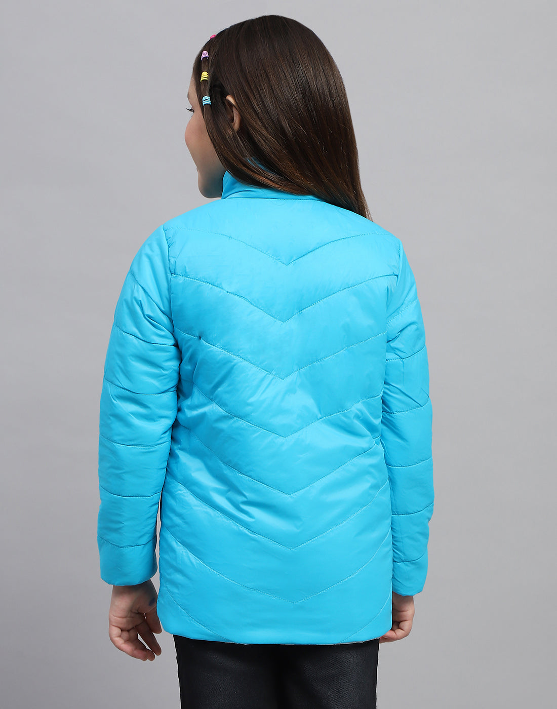 Girls Blue Solid Mock Neck Full Sleeve Jacket