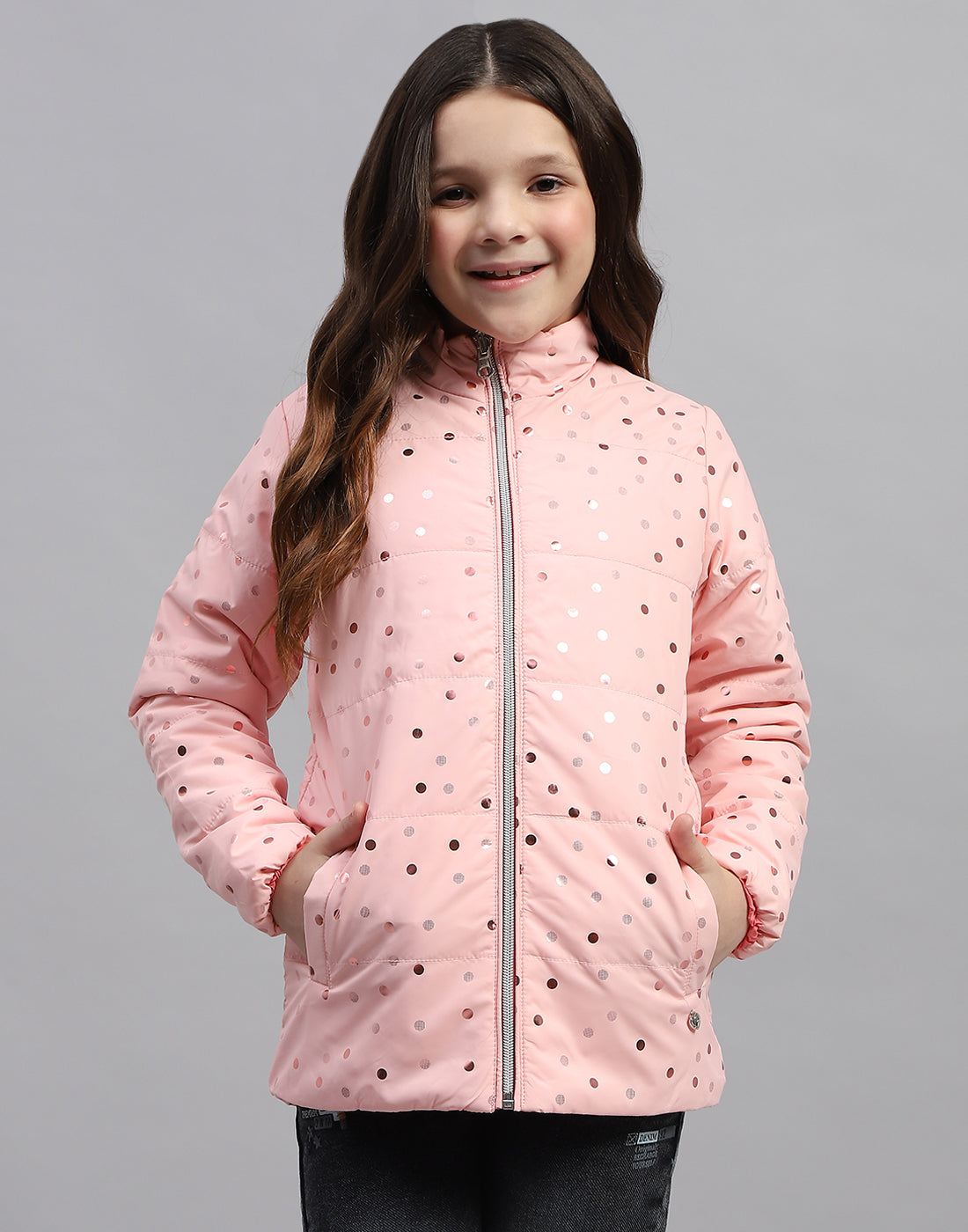 Girls Pink Solid Mock Neck Full Sleeve Jacket