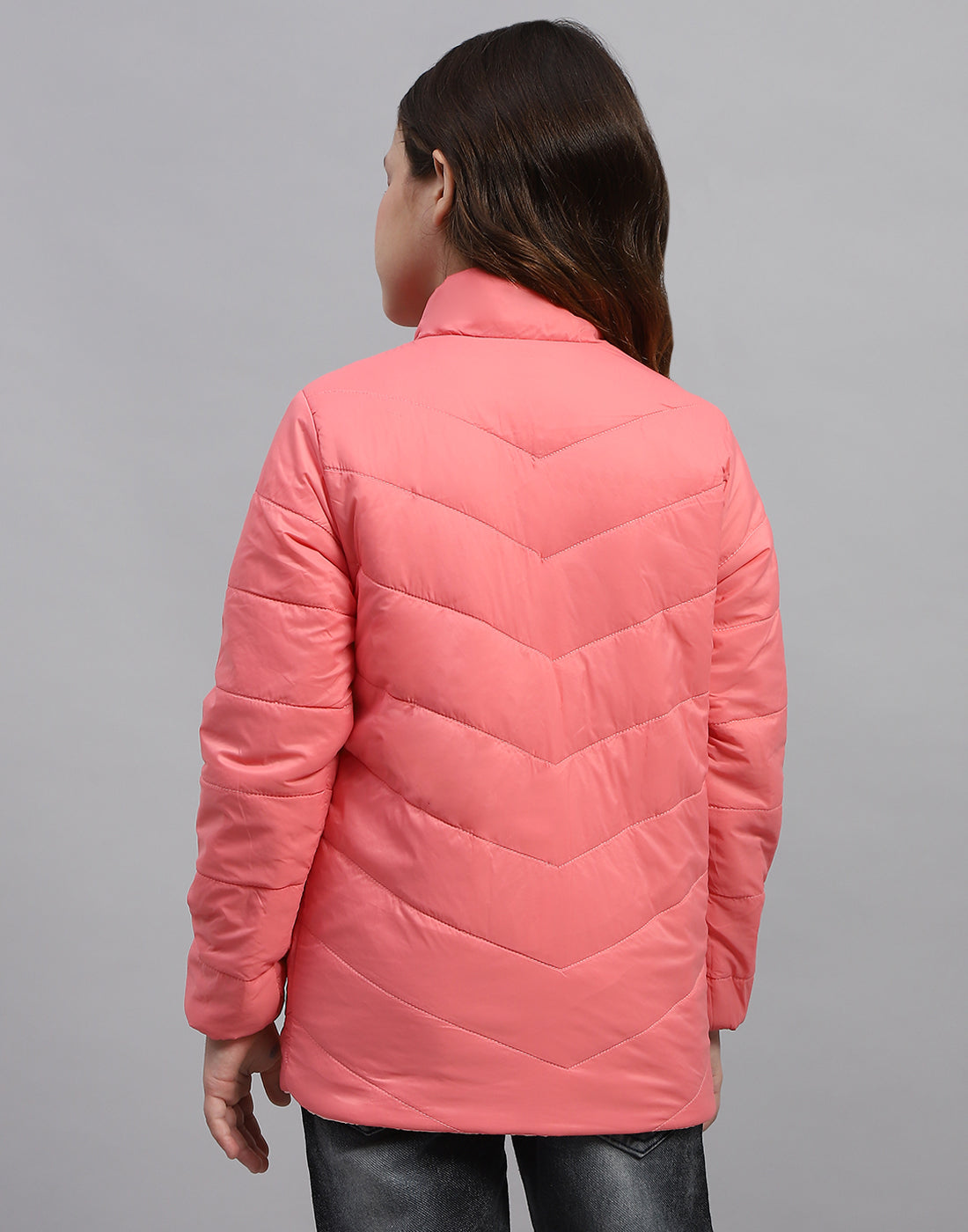 Girls Pink Solid Mock Neck Full Sleeve Jacket