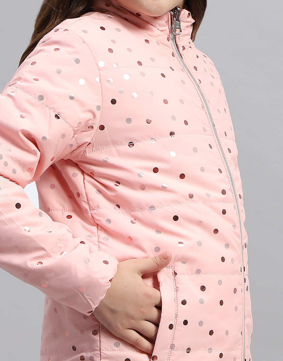 Girls Pink Solid Mock Neck Full Sleeve Jacket