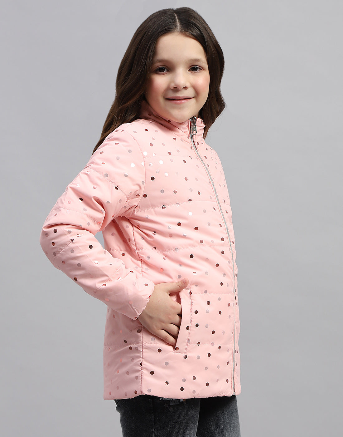 Girls Pink Solid Mock Neck Full Sleeve Jacket