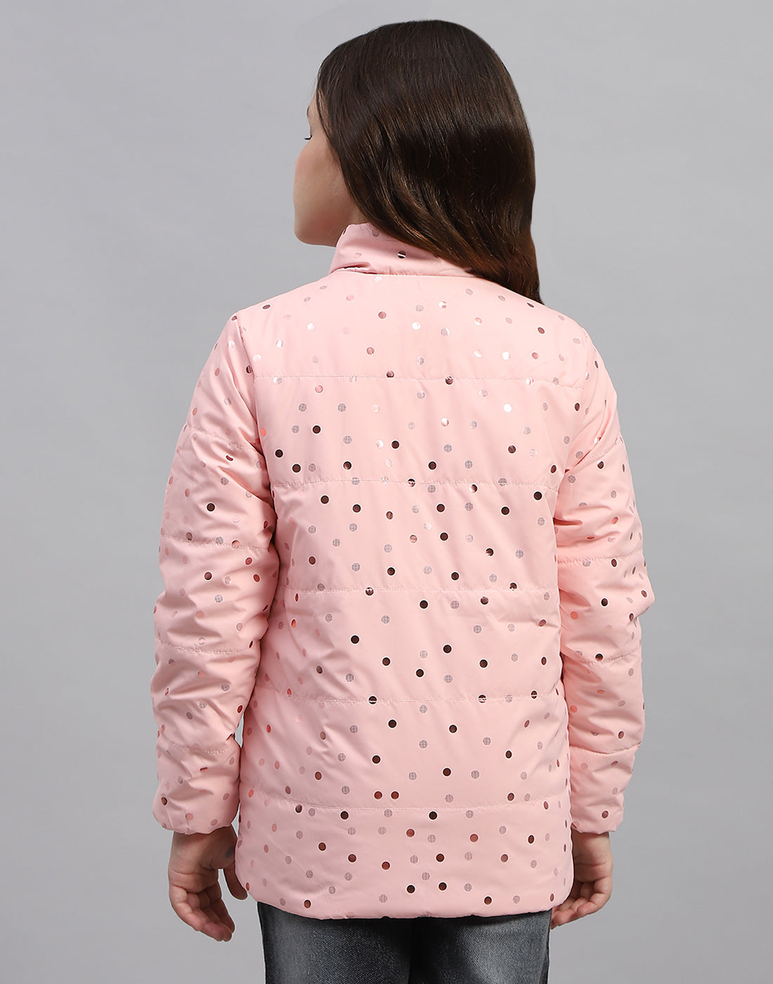 Girls Pink Solid Mock Neck Full Sleeve Jacket