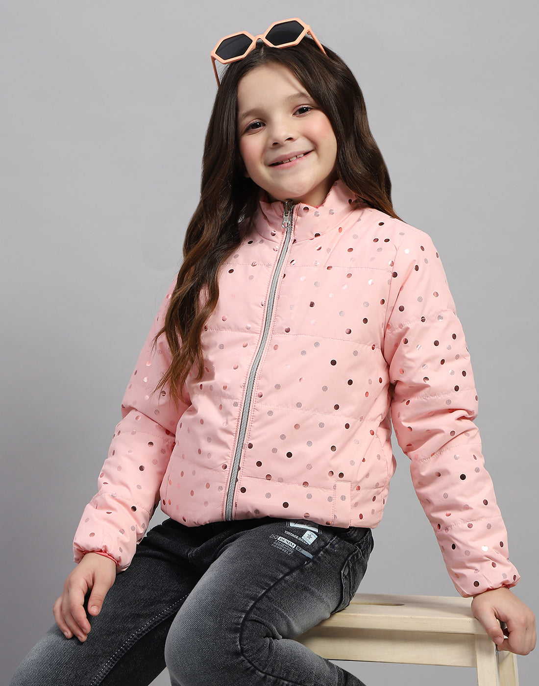 Girls Pink Solid Mock Neck Full Sleeve Jacket