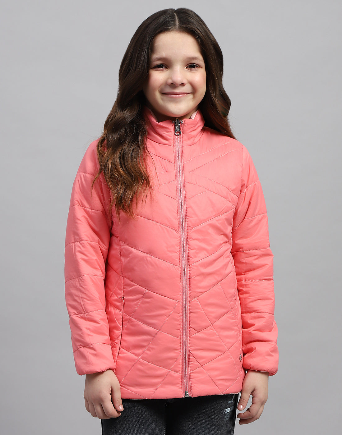 Girls Pink Solid Mock Neck Full Sleeve Jacket