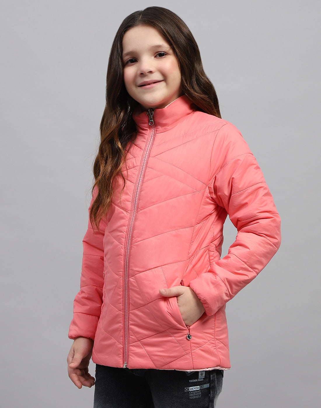 Girls Pink Solid Mock Neck Full Sleeve Jacket