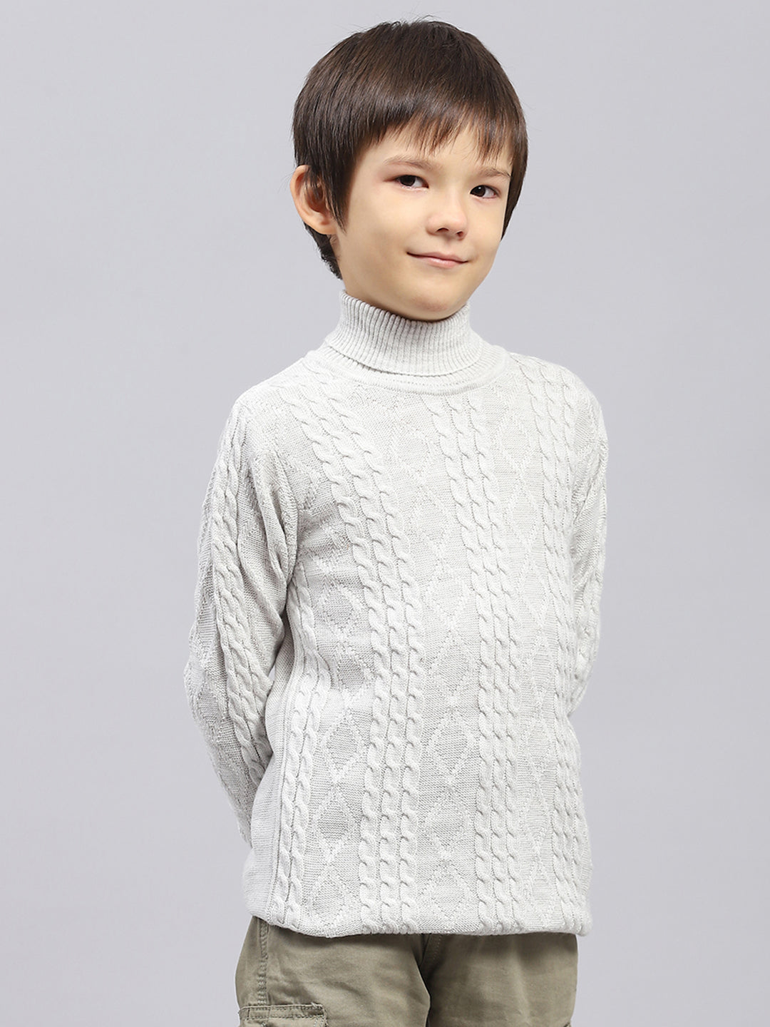 Boys Off White Self Design High Neck Full Sleeve Pullover