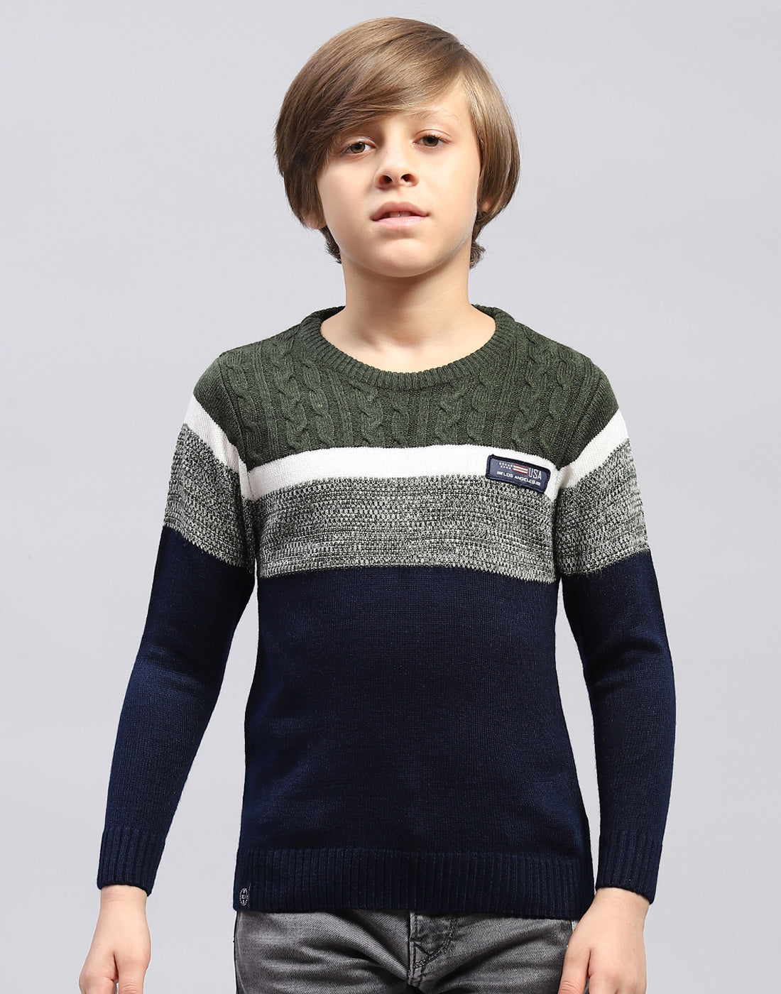 Boys Navy Blue Stripe Round Neck Full Sleeve Pullover