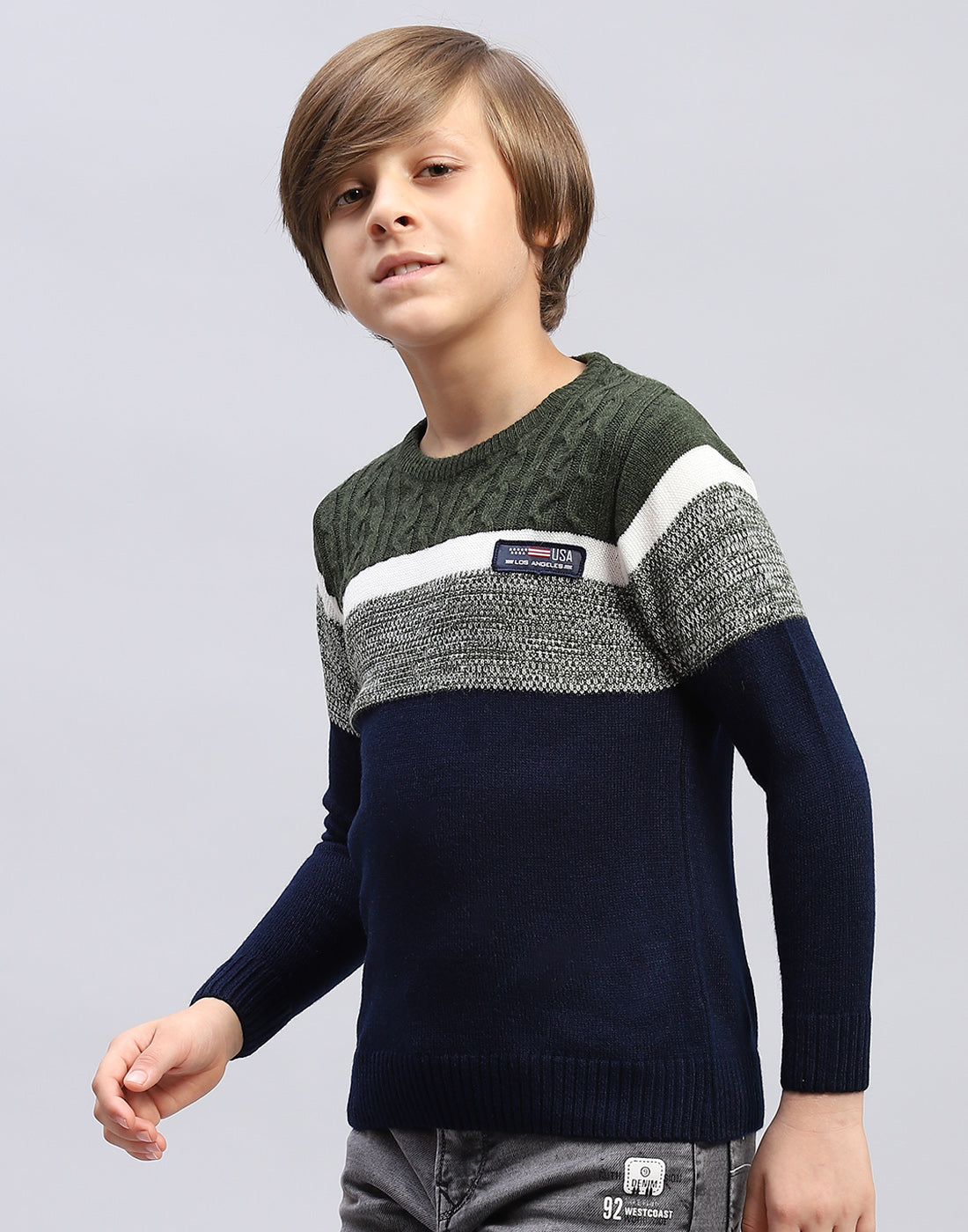 Boys Navy Blue Stripe Round Neck Full Sleeve Pullover