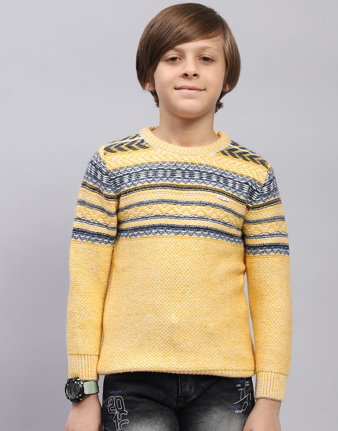 Boys Mustard Self Design Round Neck Full Sleeve Pullover