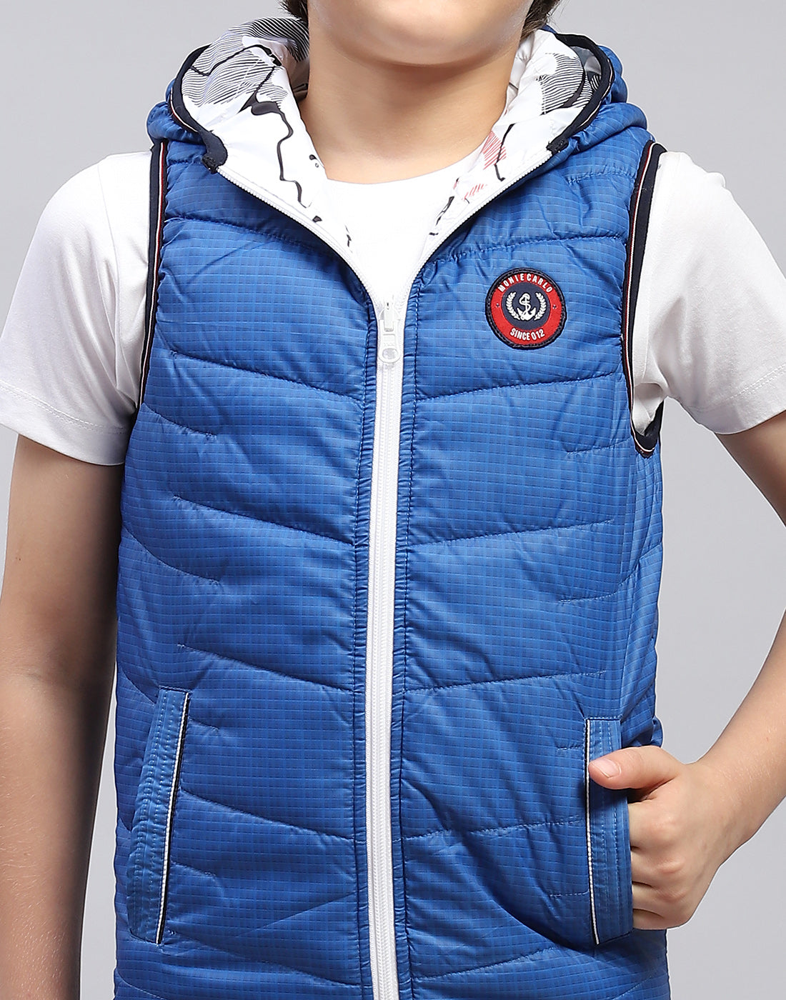 Boys Blue Printed Hooded Sleeveless Jacket