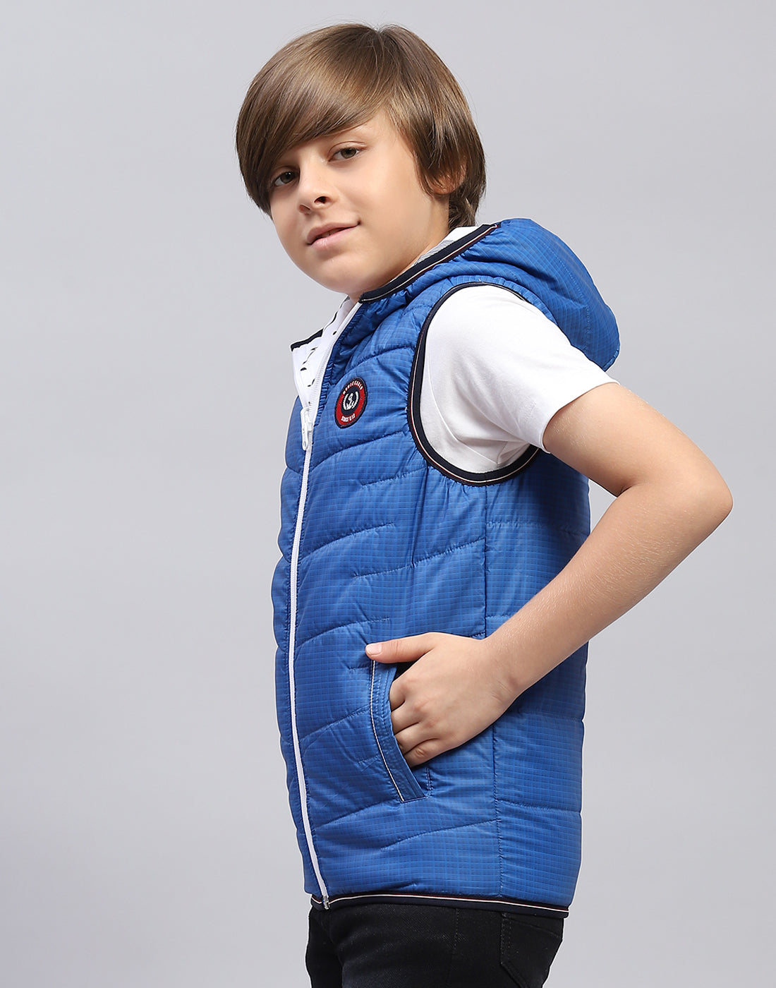 Boys Blue Printed Hooded Sleeveless Jacket