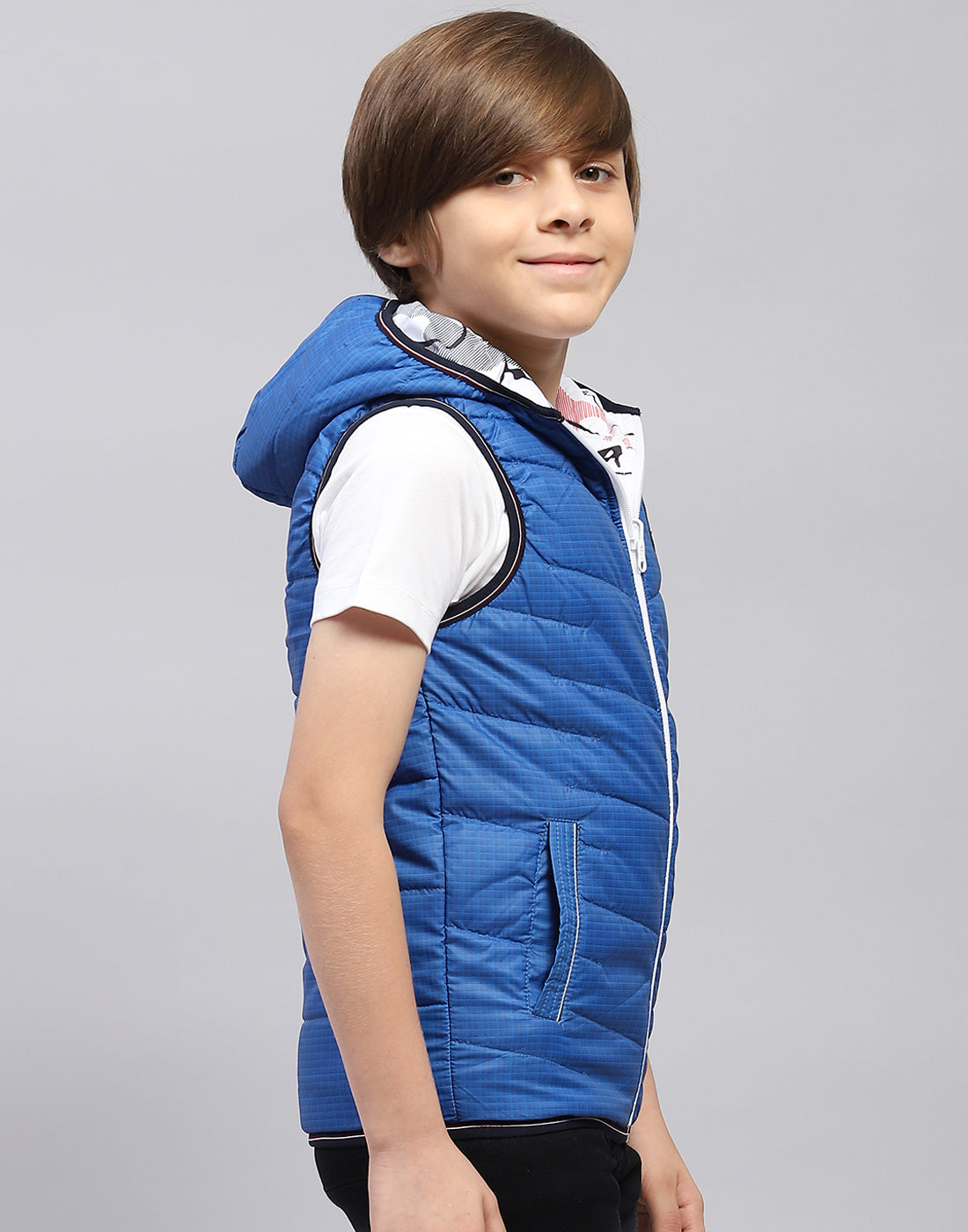 Boys Blue Printed Hooded Sleeveless Jacket