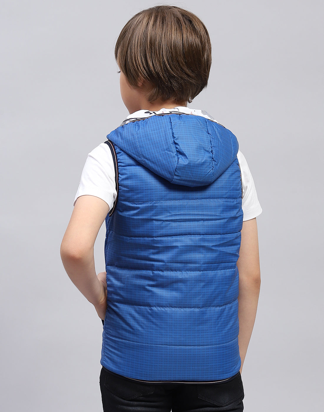 Boys Blue Printed Hooded Sleeveless Jacket