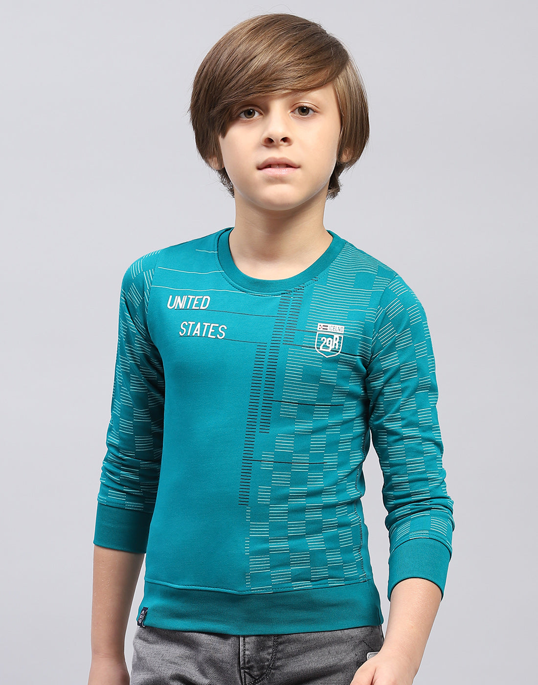 Boys Teal Blue Printed Round Neck Full Sleeve Sweatshirt