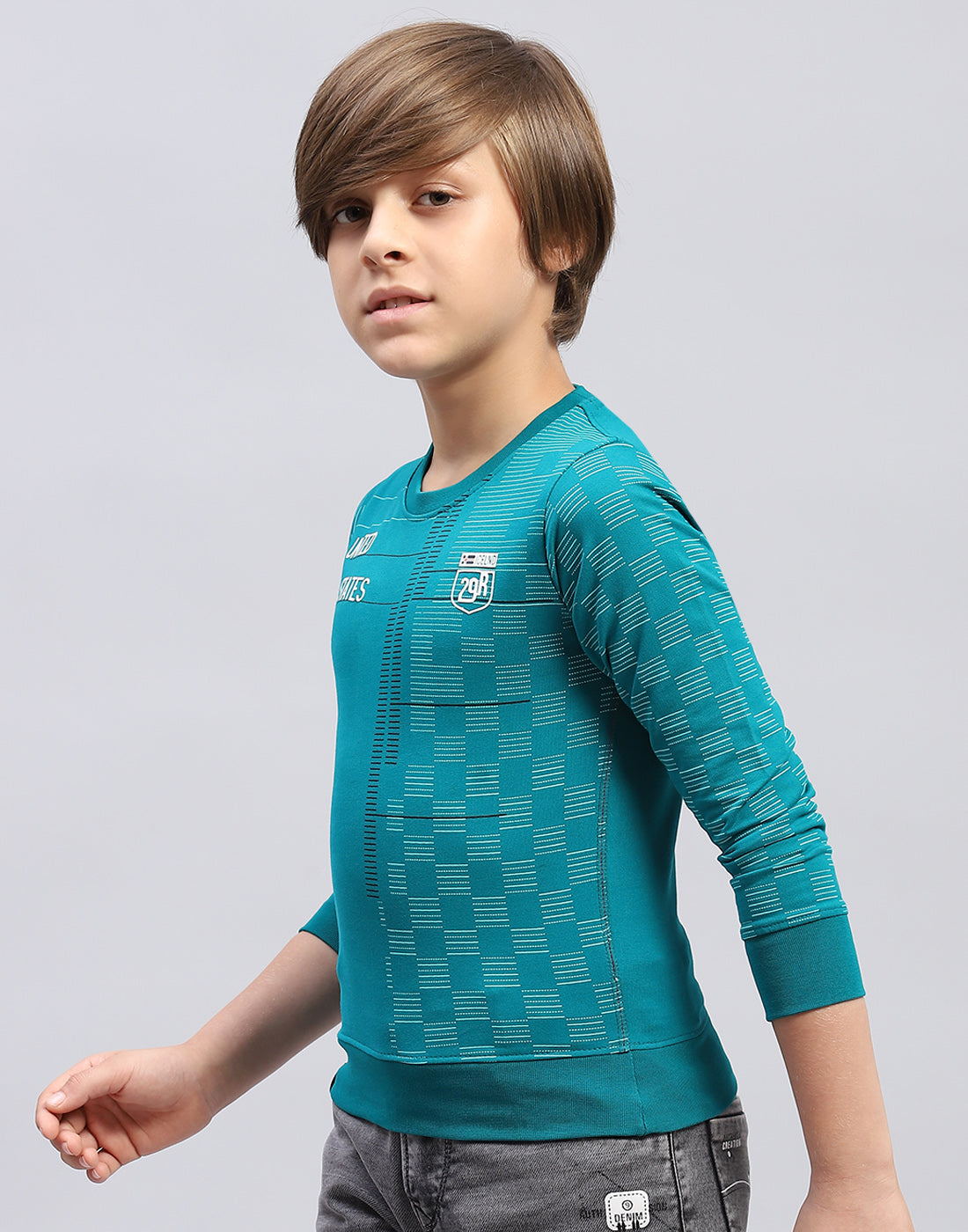 Boys Teal Blue Printed Round Neck Full Sleeve Sweatshirt