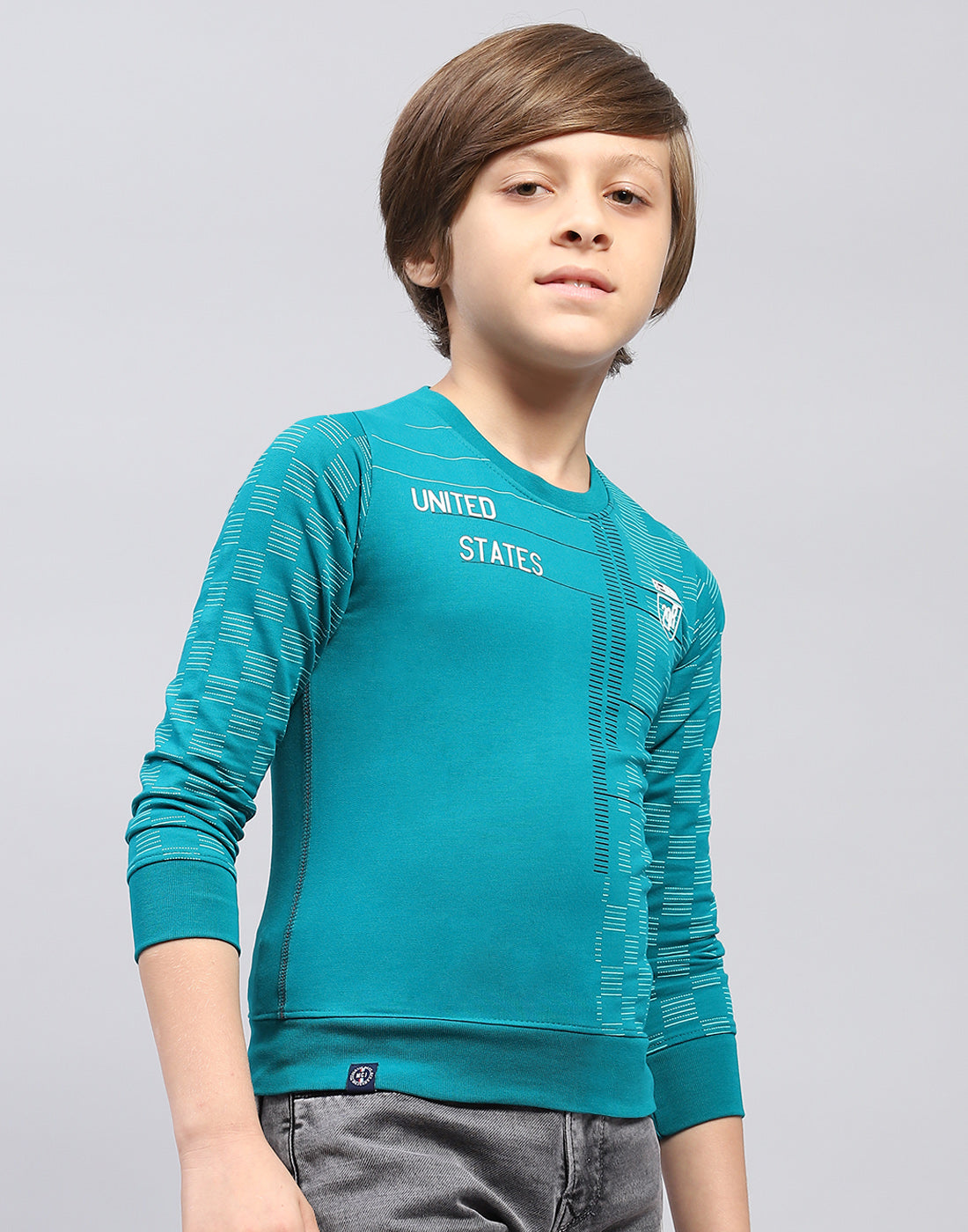 Boys Teal Blue Printed Round Neck Full Sleeve Sweatshirt