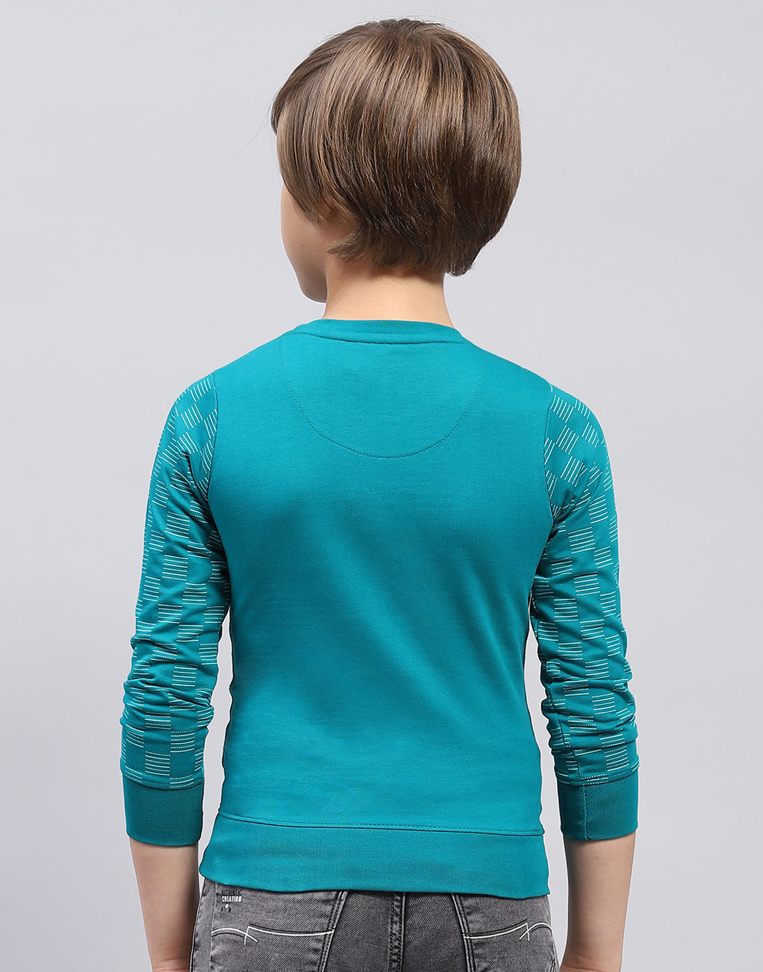 Boys Teal Blue Printed Round Neck Full Sleeve Sweatshirt