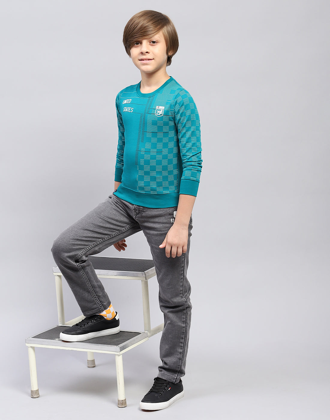 Boys Teal Blue Printed Round Neck Full Sleeve Sweatshirt