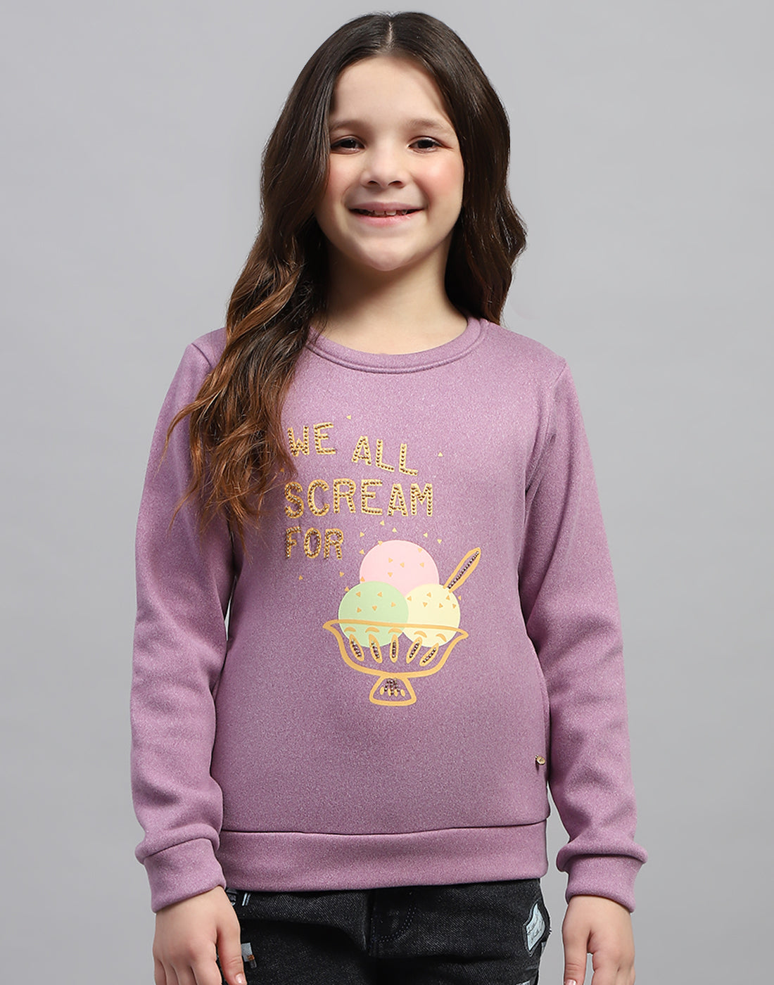 Girls Purple Printed Round Neck Full Sleeve Sweatshirt