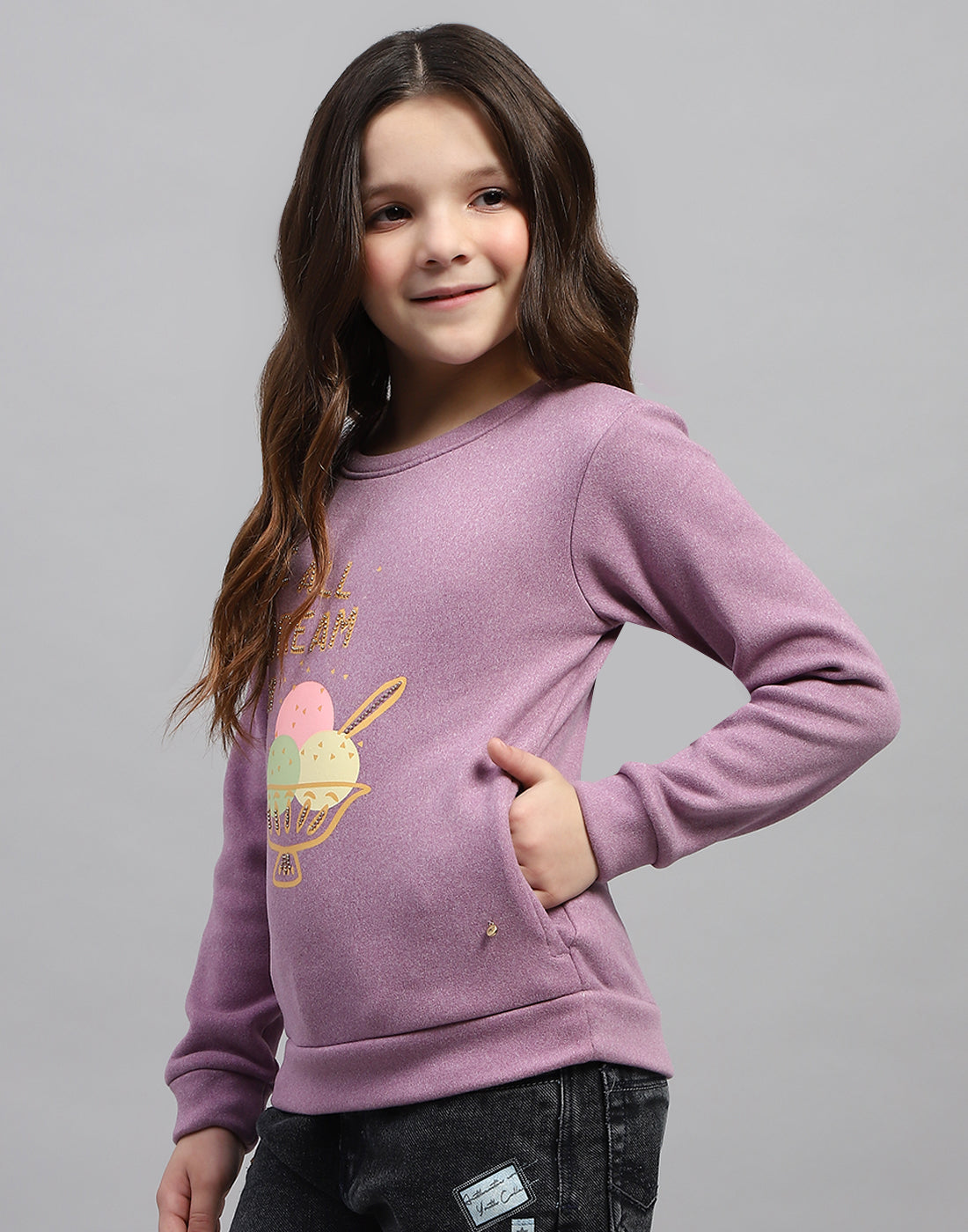 Girls Purple Printed Round Neck Full Sleeve Sweatshirt