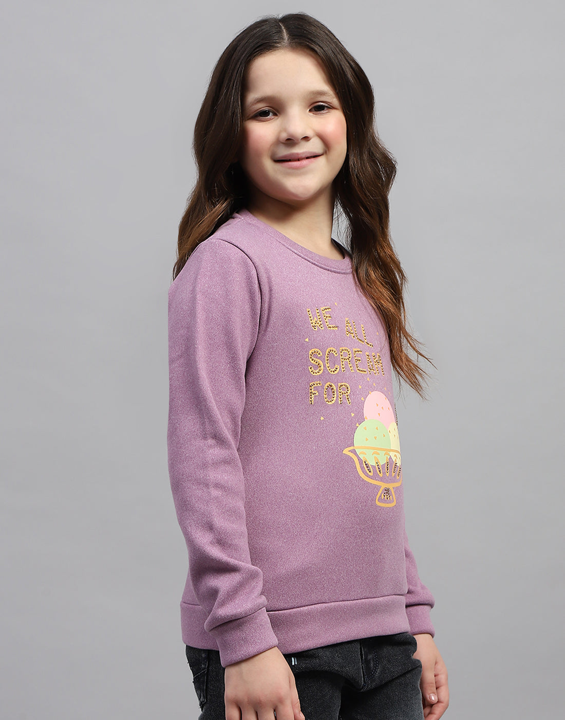 Girls Purple Printed Round Neck Full Sleeve Sweatshirt