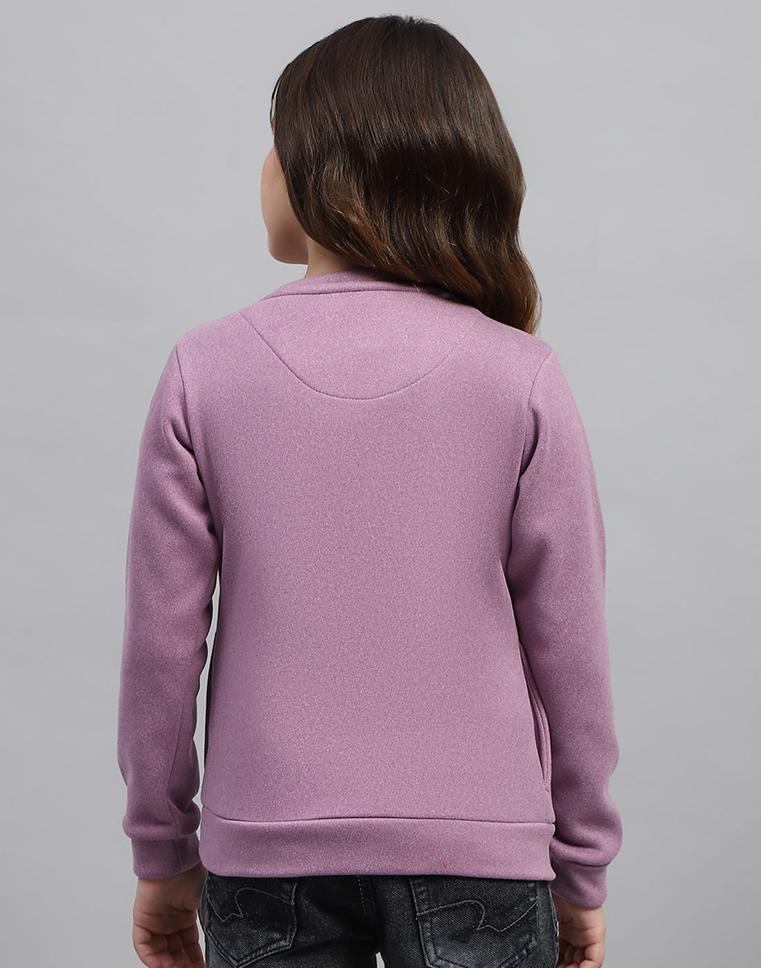 Girls Purple Printed Round Neck Full Sleeve Sweatshirt