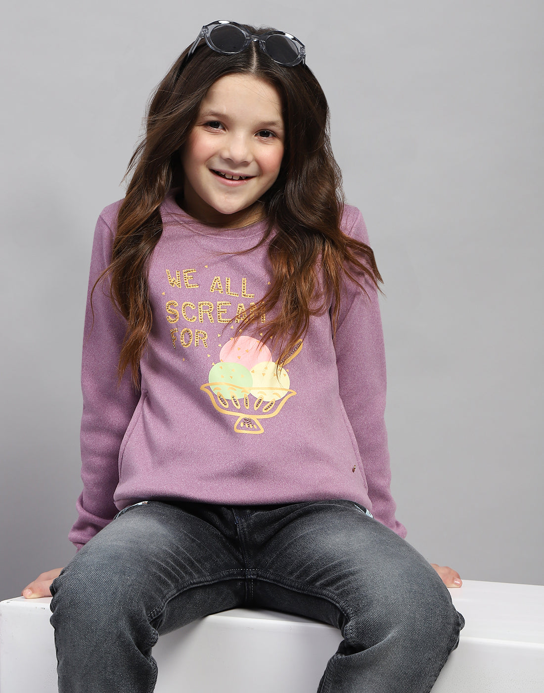 Girls Purple Printed Round Neck Full Sleeve Sweatshirt