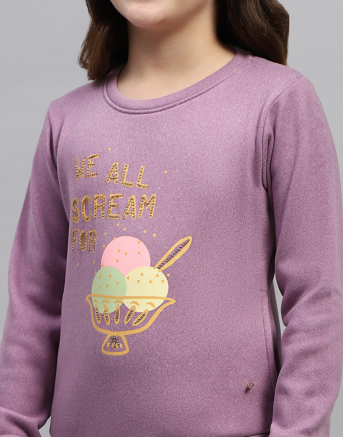 Girls Purple Printed Round Neck Full Sleeve Sweatshirt