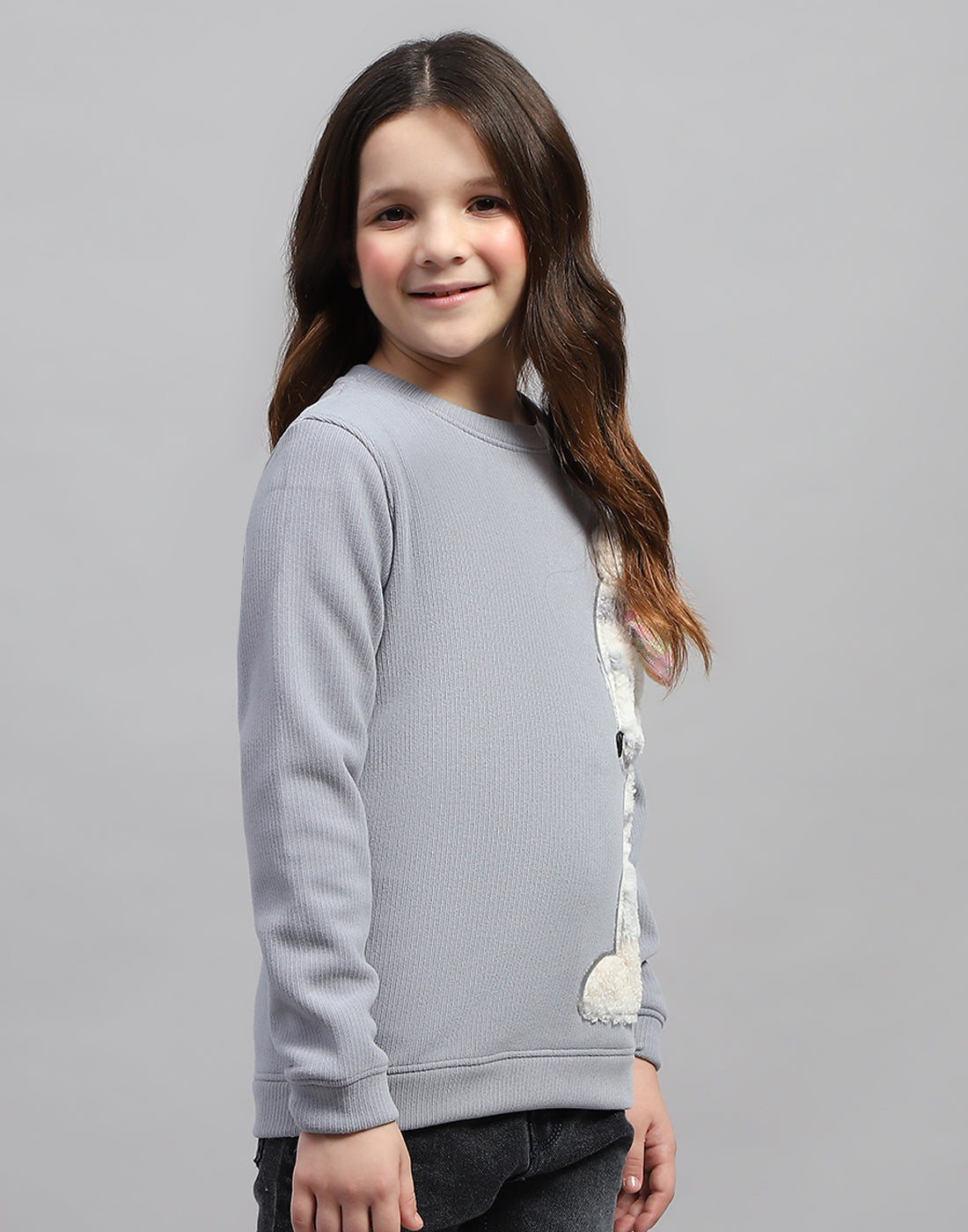 Girls Grey Self Design Round Neck Full Sleeve Sweatshirt