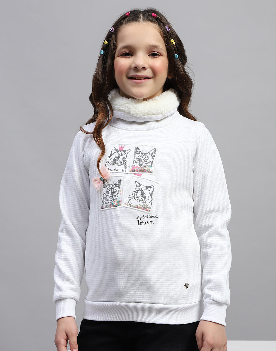 Girls White Solid High Neck Full Sleeve Sweatshirt