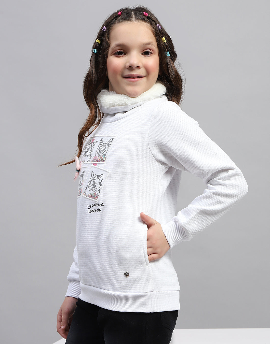 Girls White Solid High Neck Full Sleeve Sweatshirt