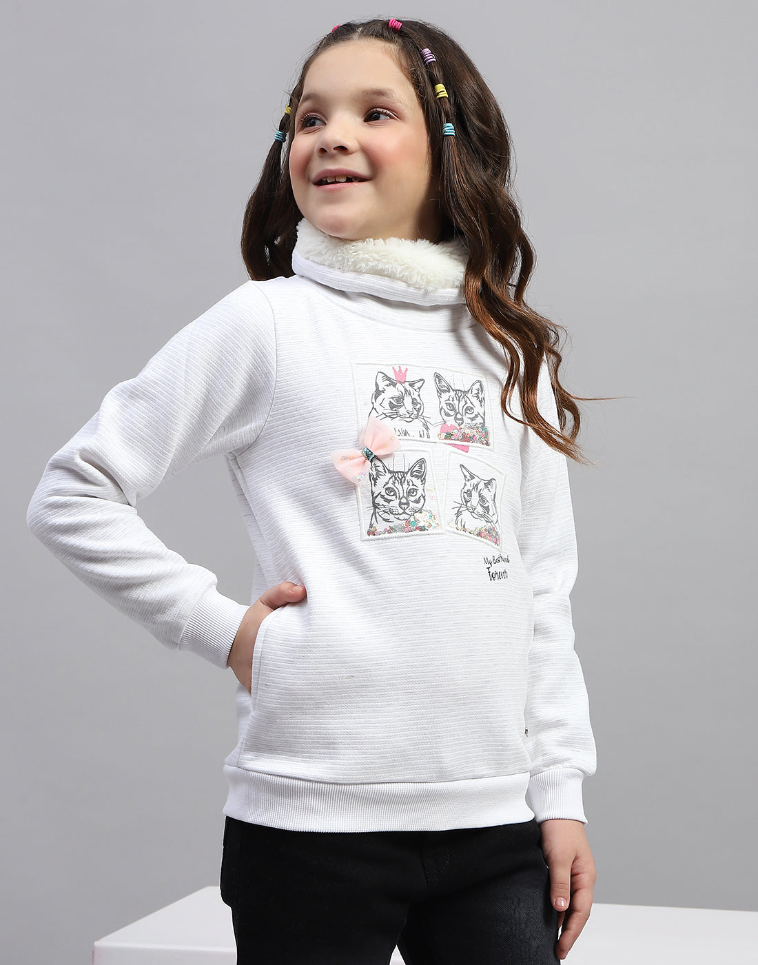 Girls White Solid High Neck Full Sleeve Sweatshirt