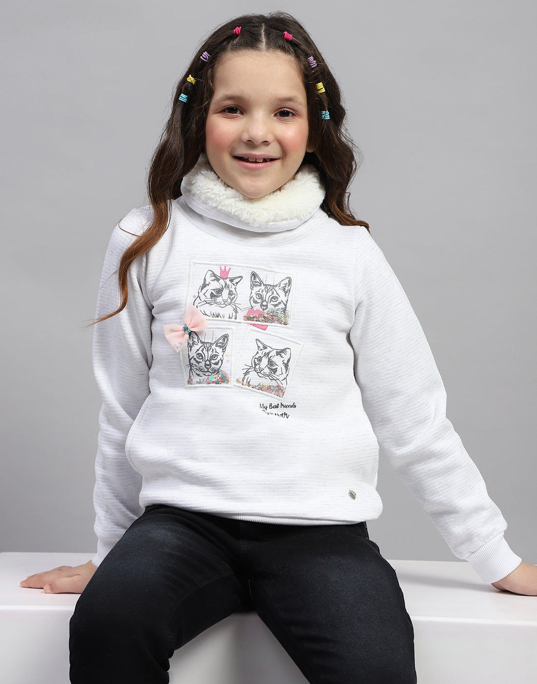 Girls White Solid High Neck Full Sleeve Sweatshirt