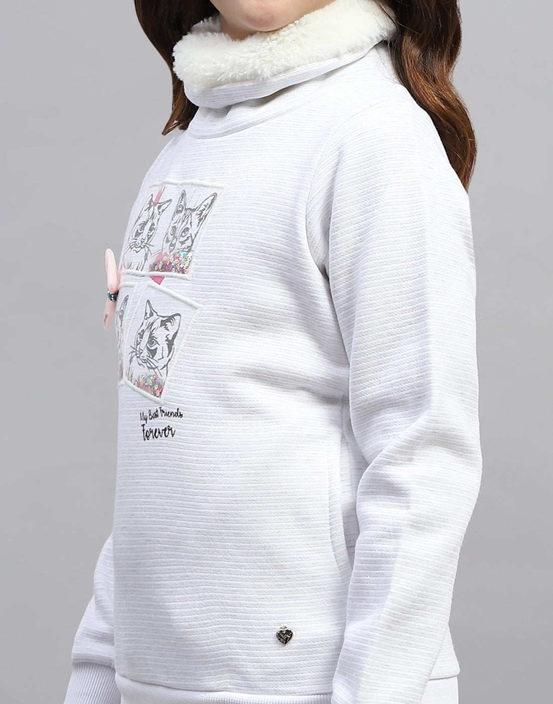 Girls White Solid High Neck Full Sleeve Sweatshirt