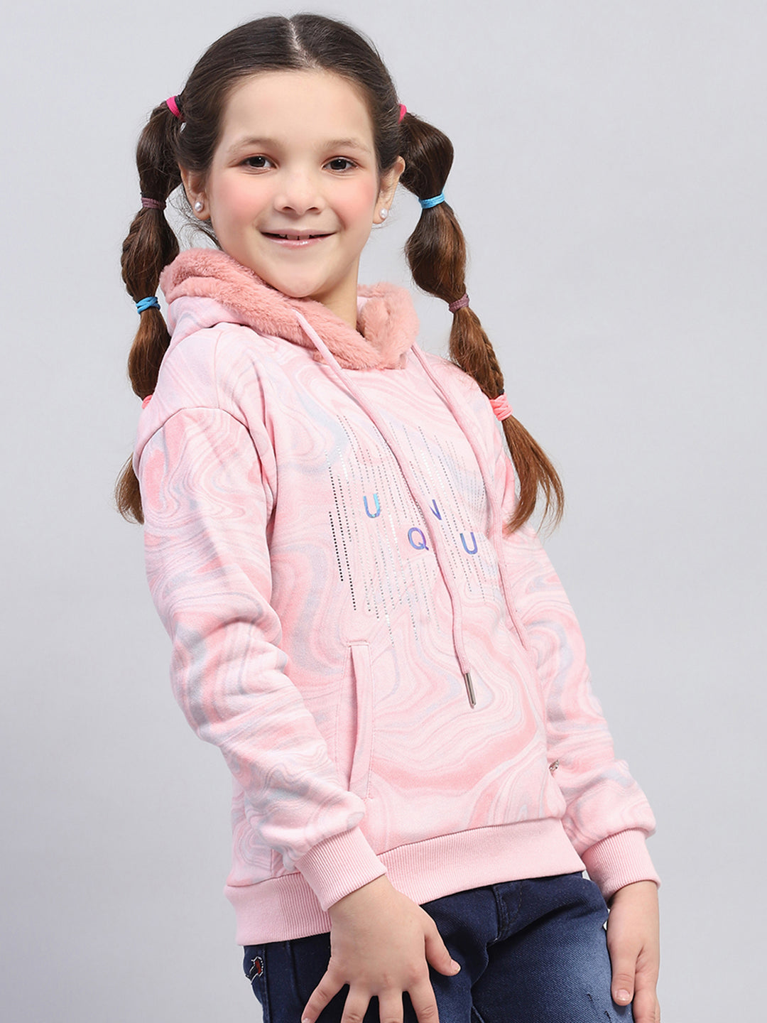 Girls Pink Printed Hooded Full Sleeve Sweatshirt