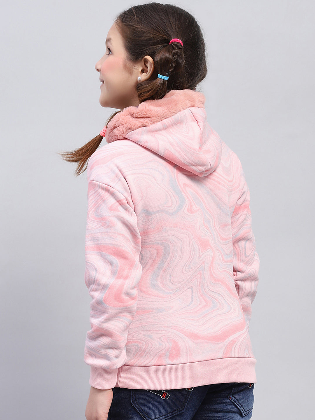 Girls Pink Printed Hooded Full Sleeve Sweatshirt