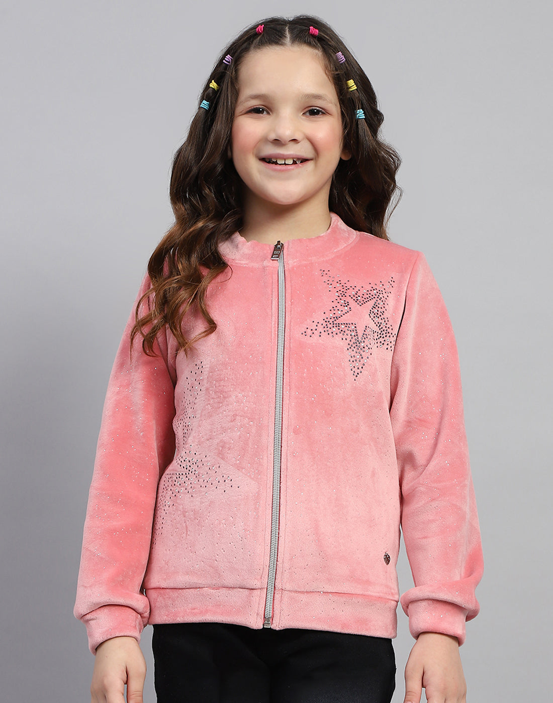 Girls Pink Embroidered Round Neck Full Sleeve Sweatshirt