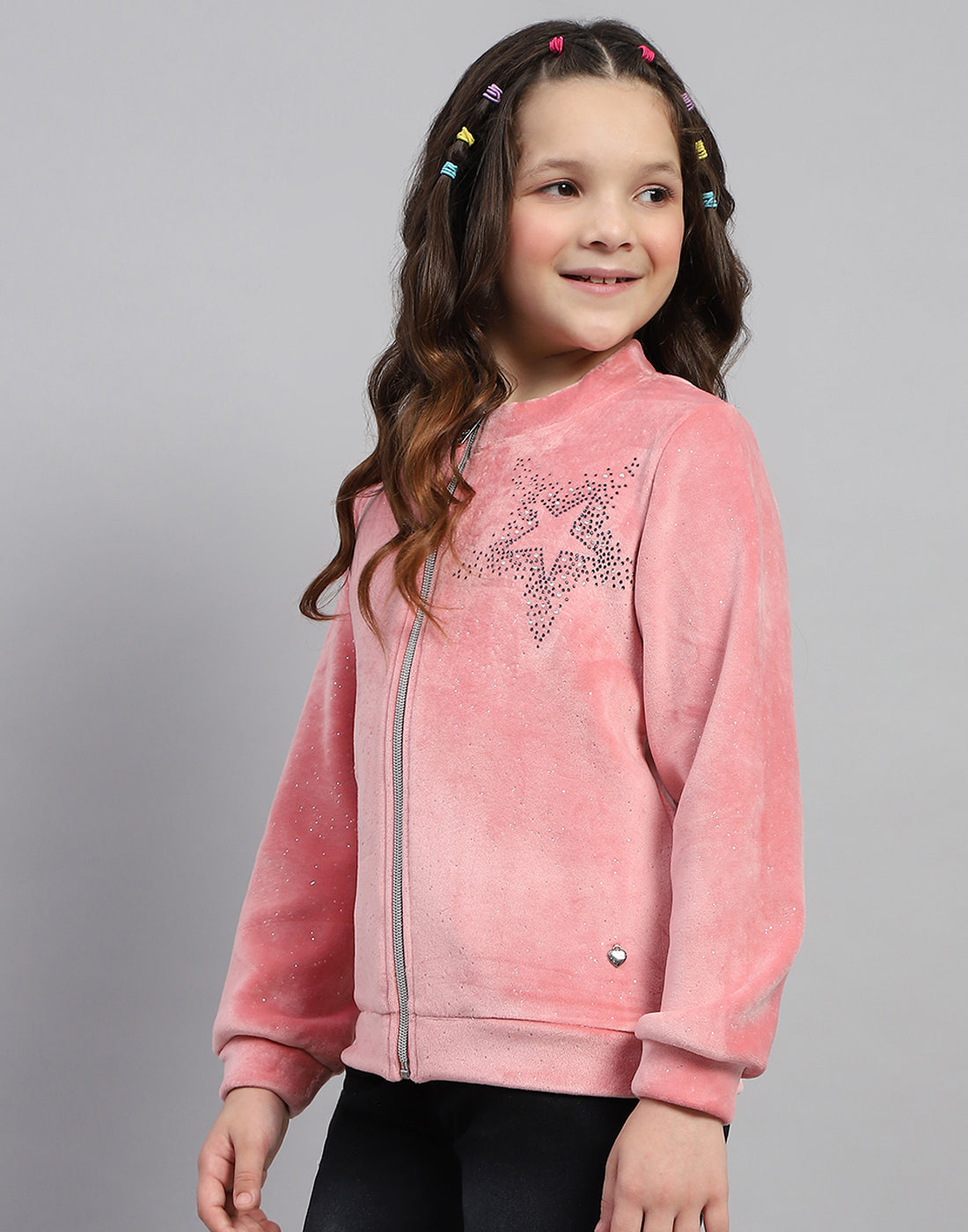 Girls Pink Embroidered Round Neck Full Sleeve Sweatshirt