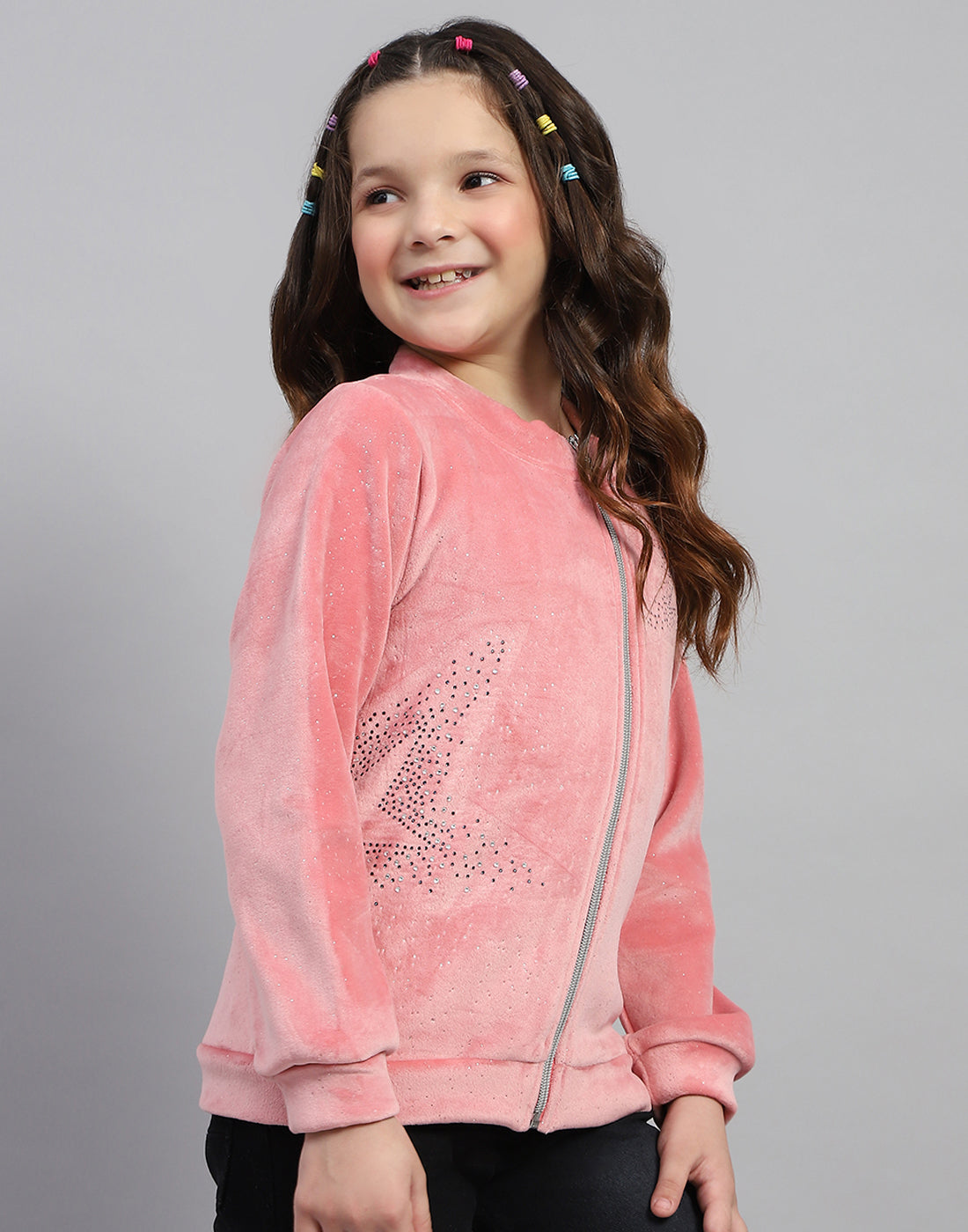 Girls Pink Embroidered Round Neck Full Sleeve Sweatshirt