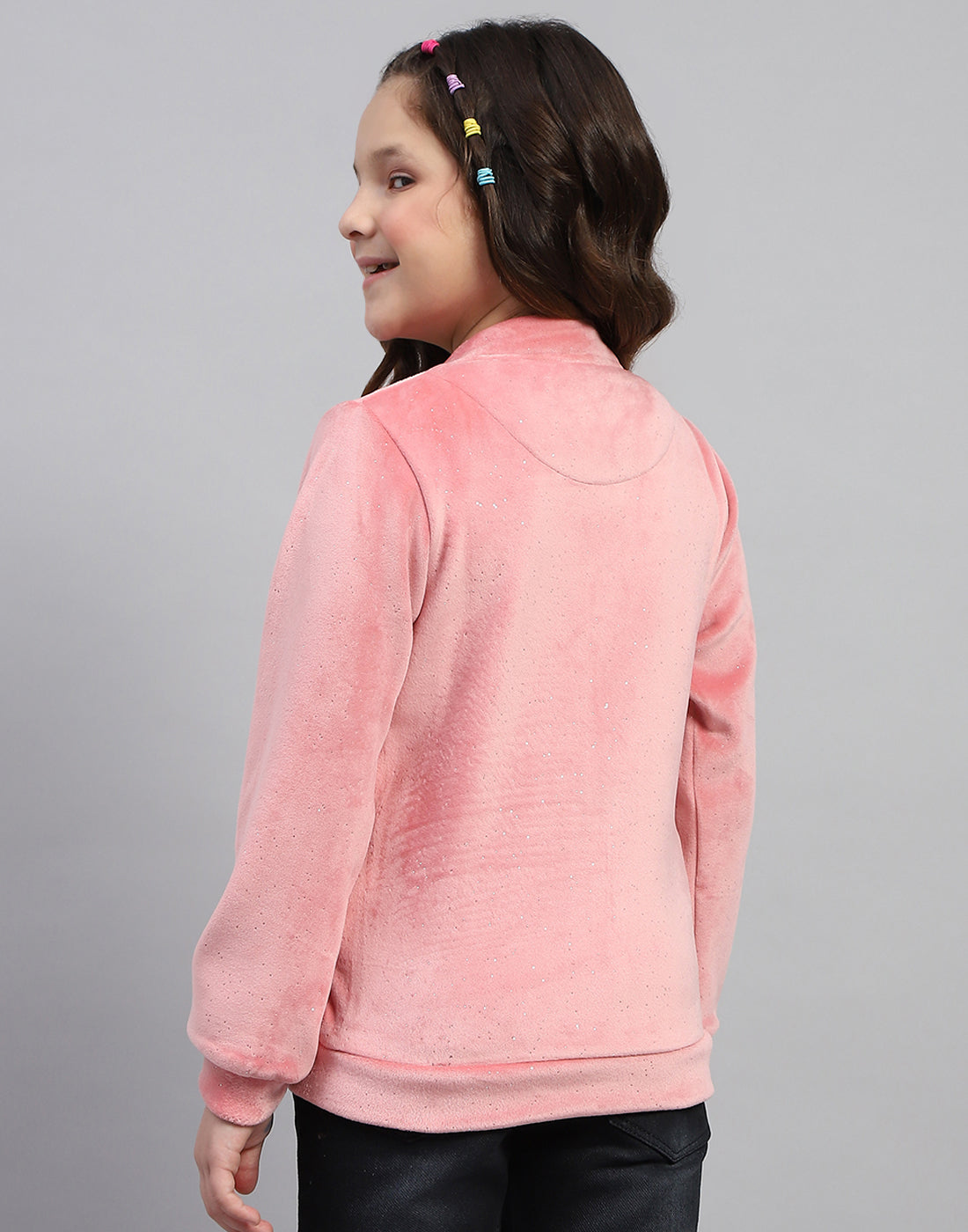 Girls Pink Embroidered Round Neck Full Sleeve Sweatshirt