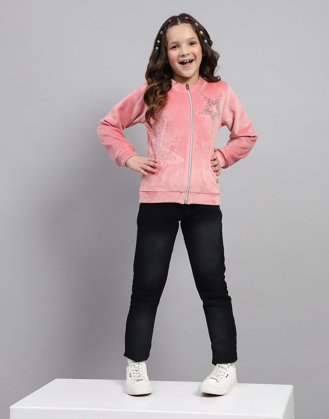 Girls Pink Embroidered Round Neck Full Sleeve Sweatshirt