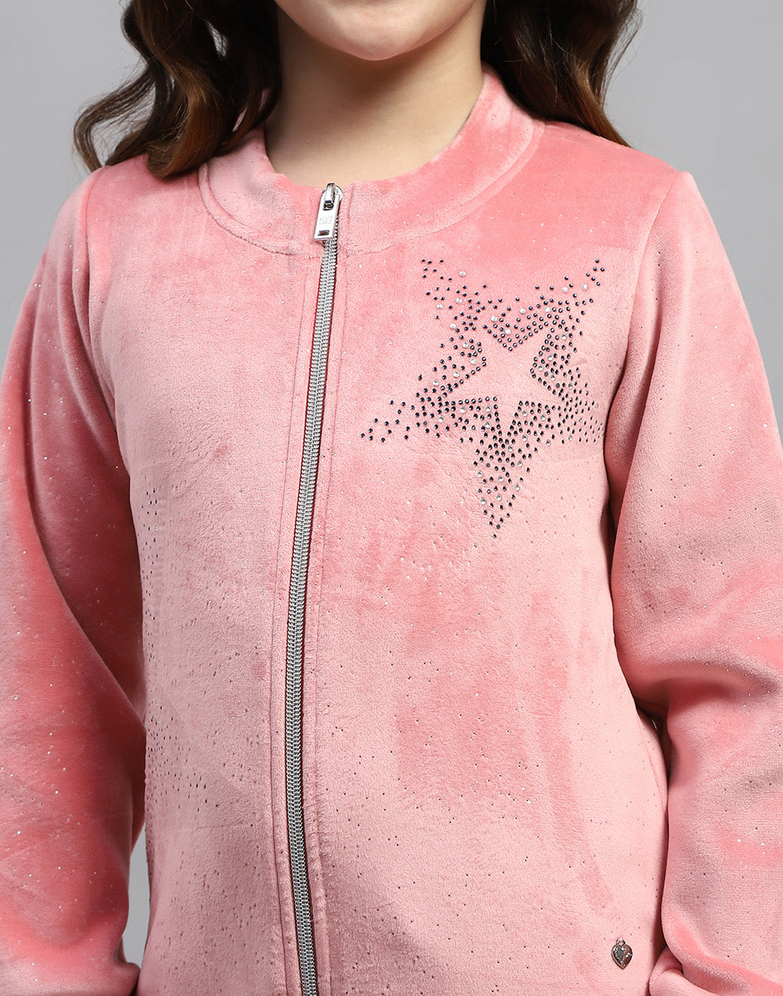 Girls Pink Embroidered Round Neck Full Sleeve Sweatshirt