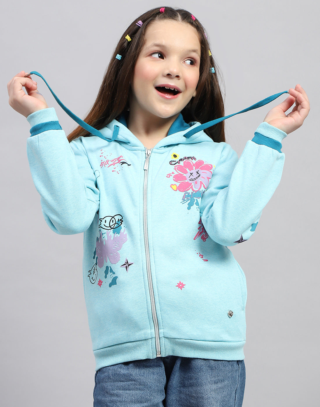 Girls Aqua Blue Printed Hooded Full Sleeve Sweatshirt